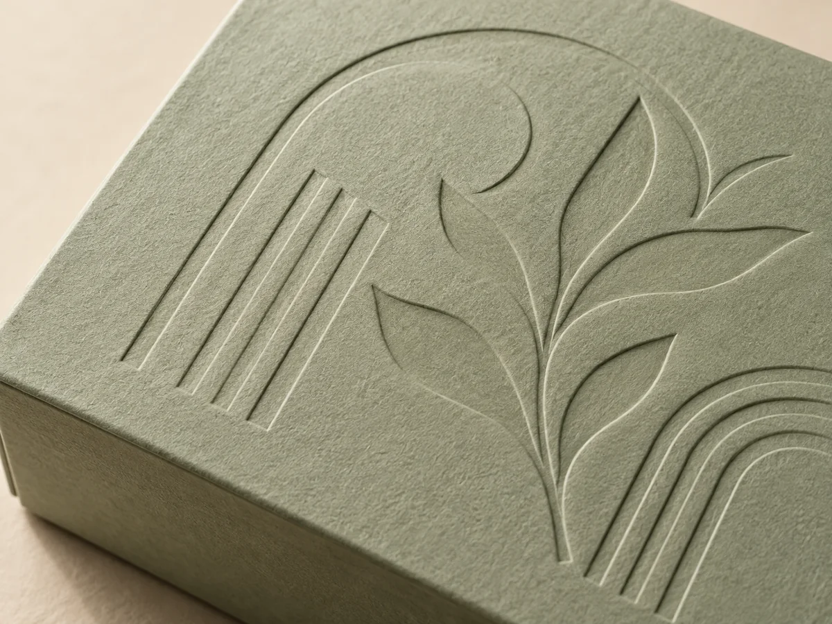 Recessed blind debossed arches and leaves in sage paper packaging, finish concept