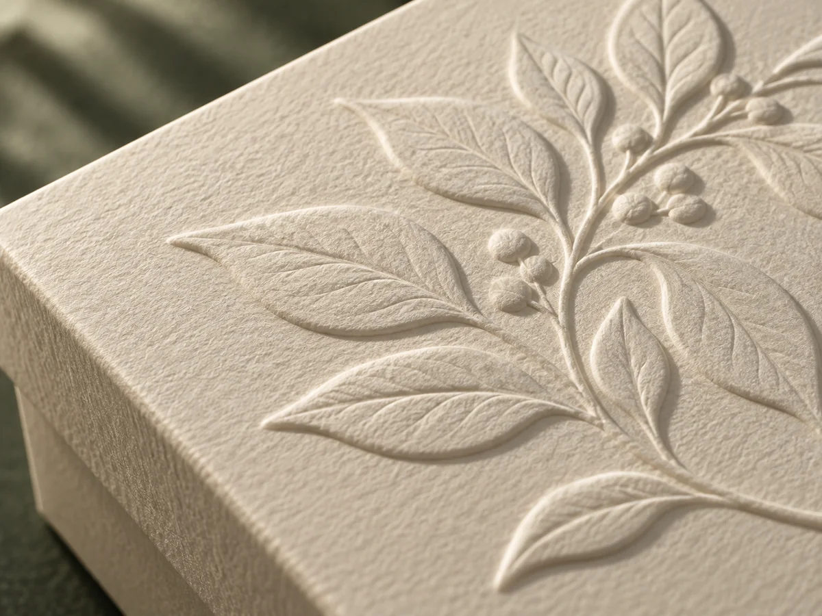 Raised blind embossed botanical details on ivory paper packaging, finish concept