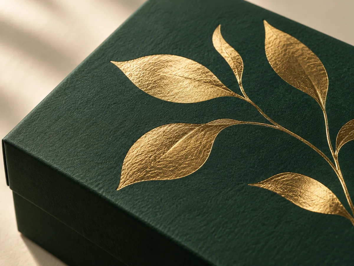 Gold foil botanical details on a deep green paper box lid, finish concept