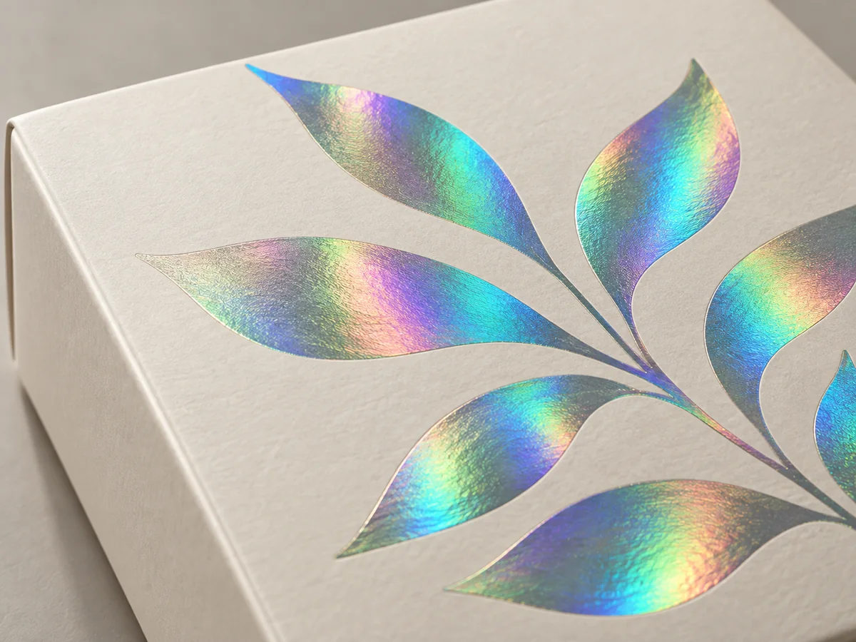 Iridescent holographic foil leaves on an ivory paper box lid, finish concept