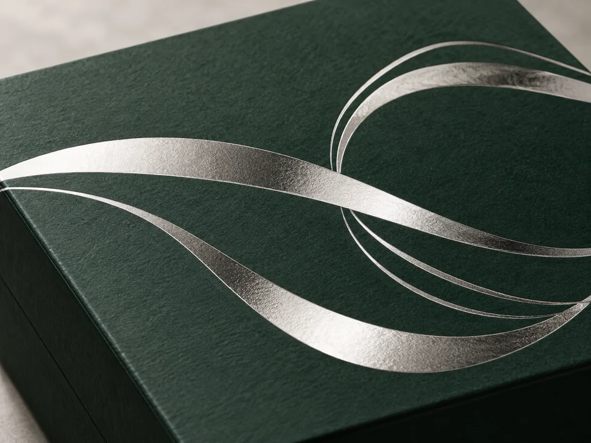 Reflective silver foil curves on a deep green paper box lid, finish concept