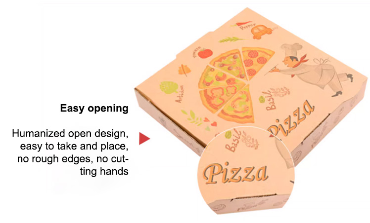 Structure and component detail for 12-inch kraft pizza boxes with food illustrations