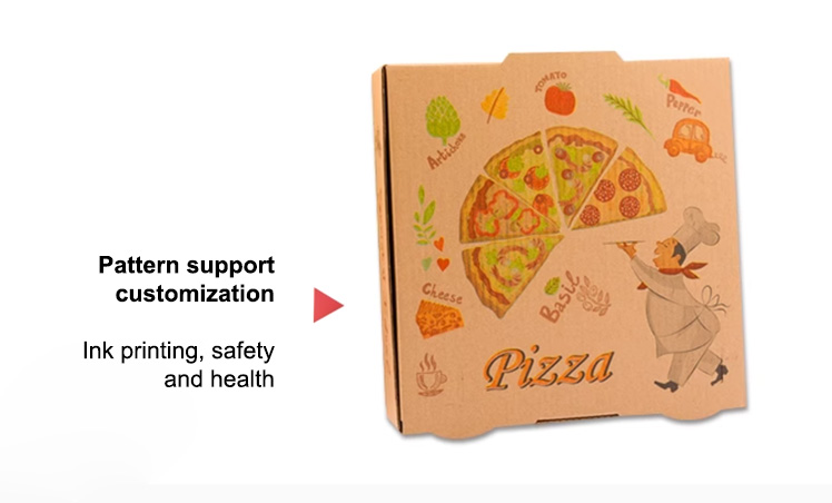 Structure and component detail for 12-inch kraft pizza boxes with food illustrations