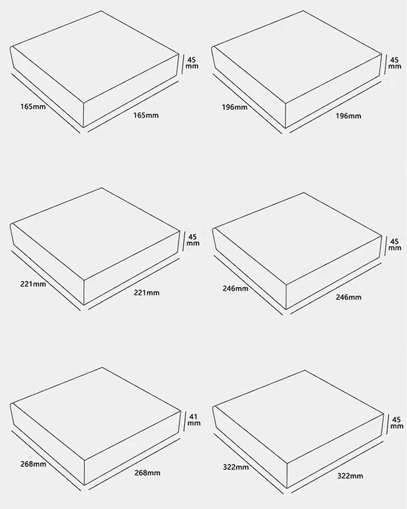 Dimension reference drawing for 12-inch pizza boxes with bright custom printing
