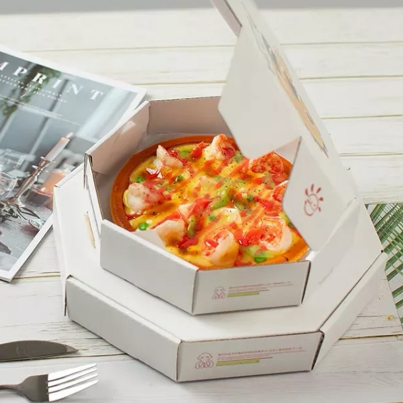 Octagonal White Pizza Boxes with Custom Graphics