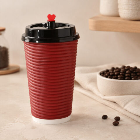 Textured Ripple Wall Coffee Cups Red horizontally ribbed takeaway cup with a black lid and red heart-shaped drink stopper