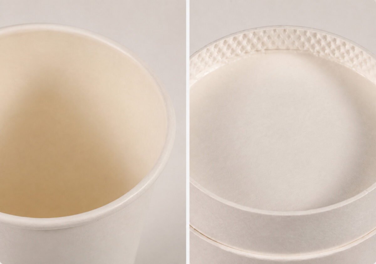 Two paper cup close-ups showing the inner rim and the crimped recessed closed bottom