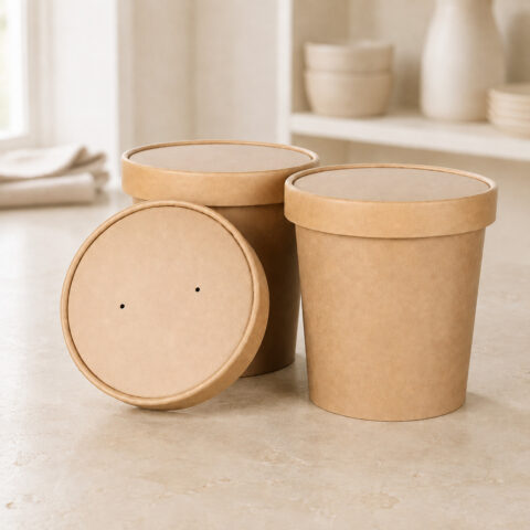 Two closed kraft food tubs and a separate leaning kraft lid with two small vent holes
