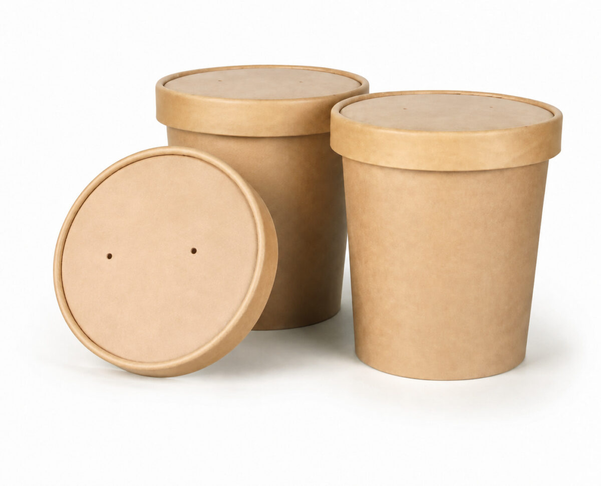 Two kraft food tubs with fitted paper lids and a separate two-hole lid