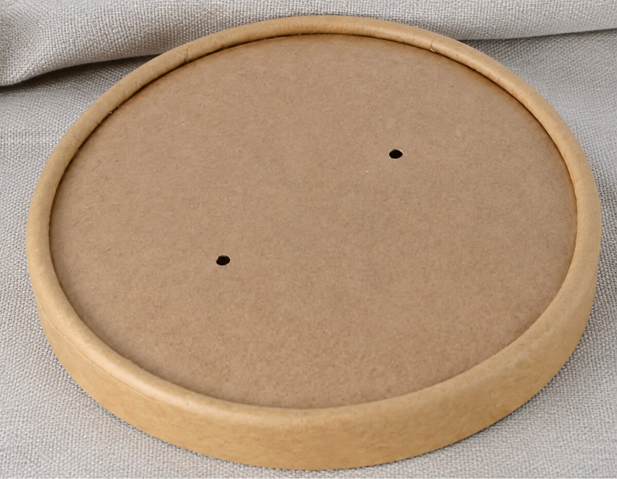 Kraft paper lid with two small ventilation holes and a shallow rolled edge