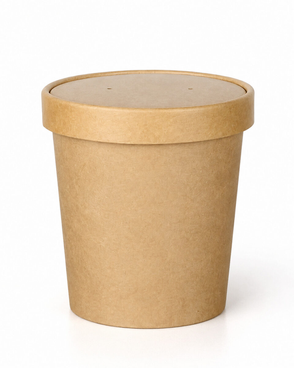 Tall kraft paper food tub with a fitted two-hole paper lid on a white background
