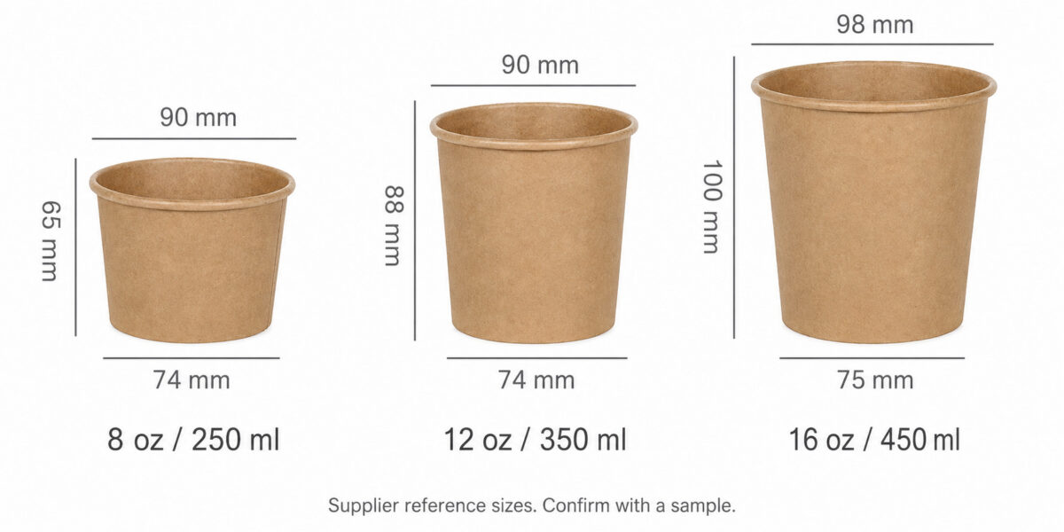 Supplier reference drawing for three kraft food tubs with dimensions and nominal capacities