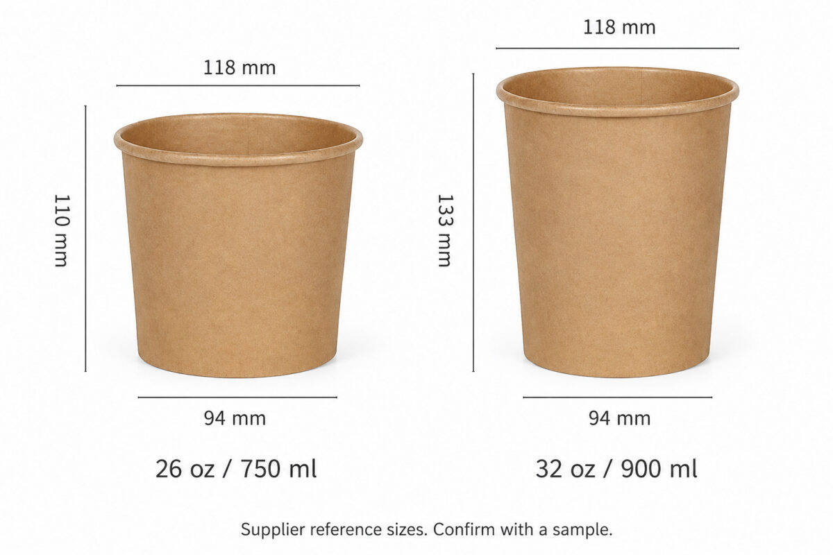 Supplier reference dimensions for two kraft tubs labeled 26 oz and 32 oz