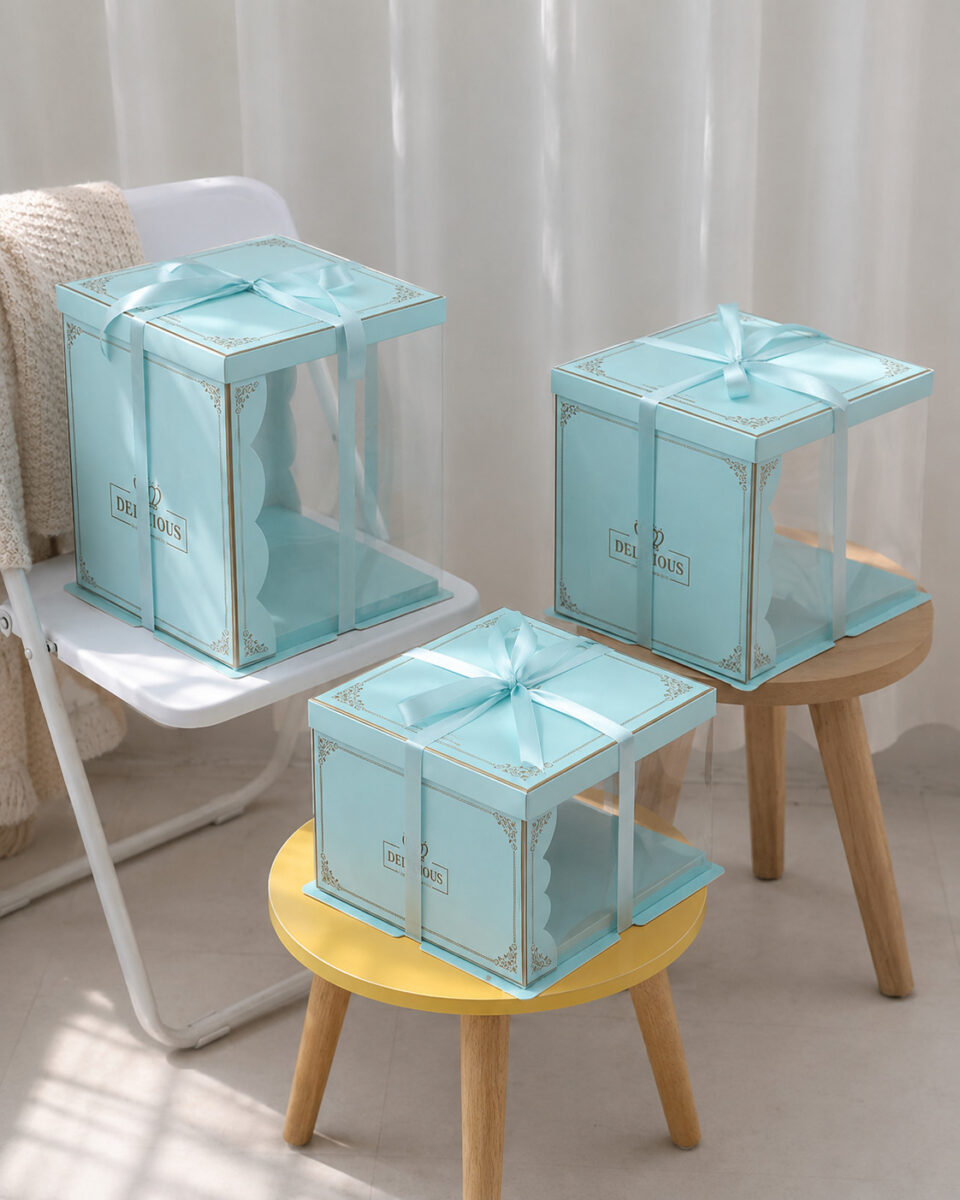 Three turquoise square window cake boxes displayed on a chair and stools