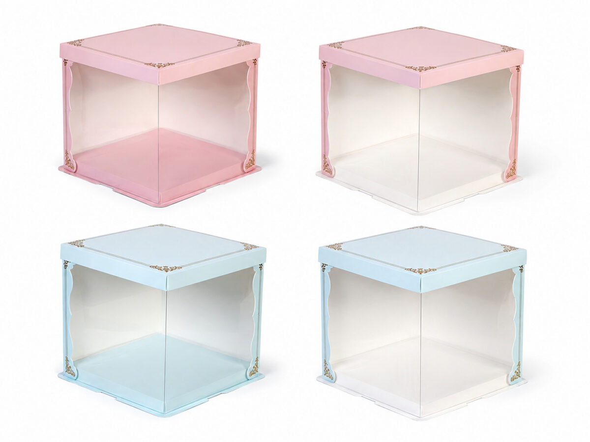 Four pink and pale blue clear cake boxes showing colored and white base options