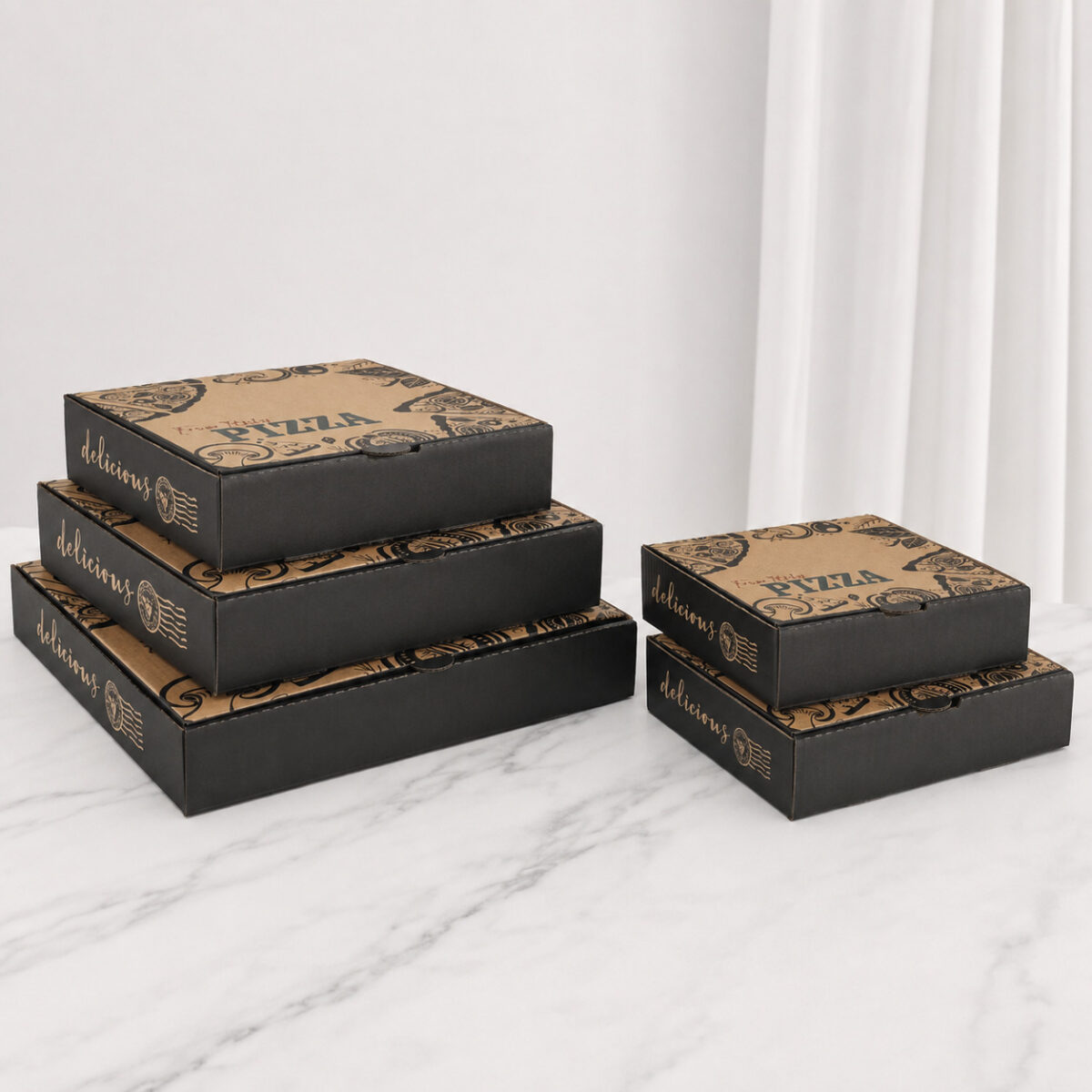 Five black-sided kraft pizza boxes with printed food illustrations arranged in two stacks