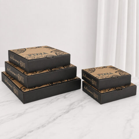 Five black-sided kraft pizza boxes with printed food illustrations arranged in two stacks