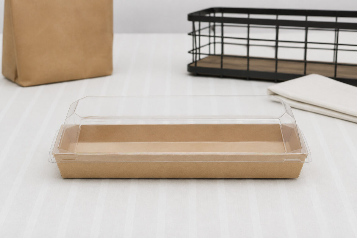 Empty long kraft dessert tray with a clear rectangular cover on a white kitchen table