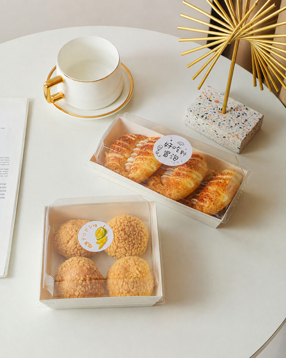 Clear-lidded bakery trays holding four pastries and four round cream puffs