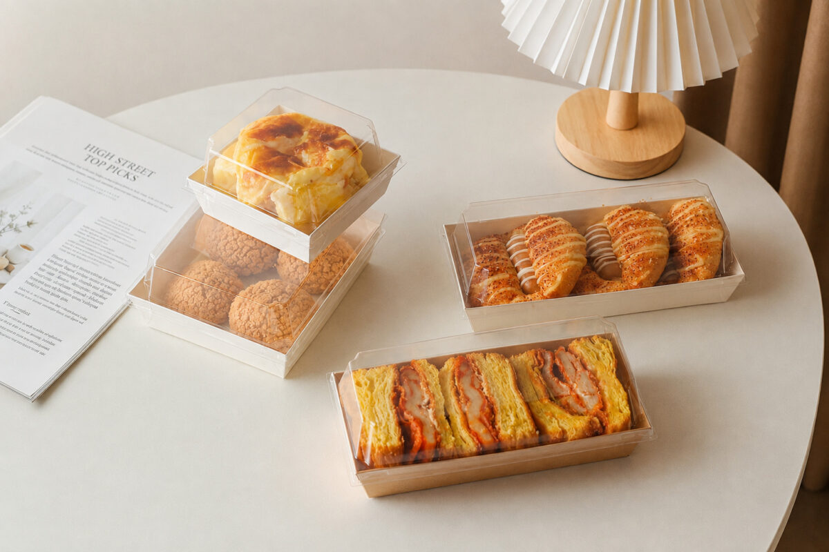 Clear-lidded bakery trays with cake stacked over puffs beside pastries and sandwiches