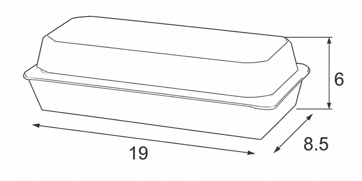 Bakery tray and lid dimension illustration marked 19 by 8.5 by 6