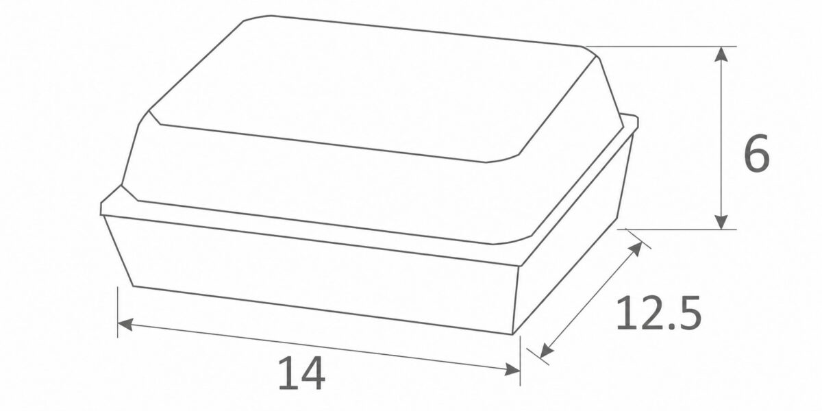 Bakery tray and lid dimension illustration marked 14 by 12.5 by 6