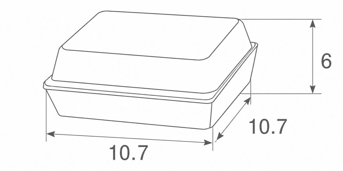 Bakery tray and lid dimension illustration marked 10.7 by 10.7 by 6