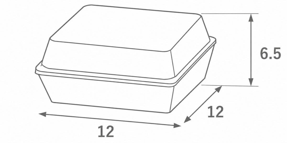 Bakery tray and lid dimension illustration marked 12 by 12 by 6.5