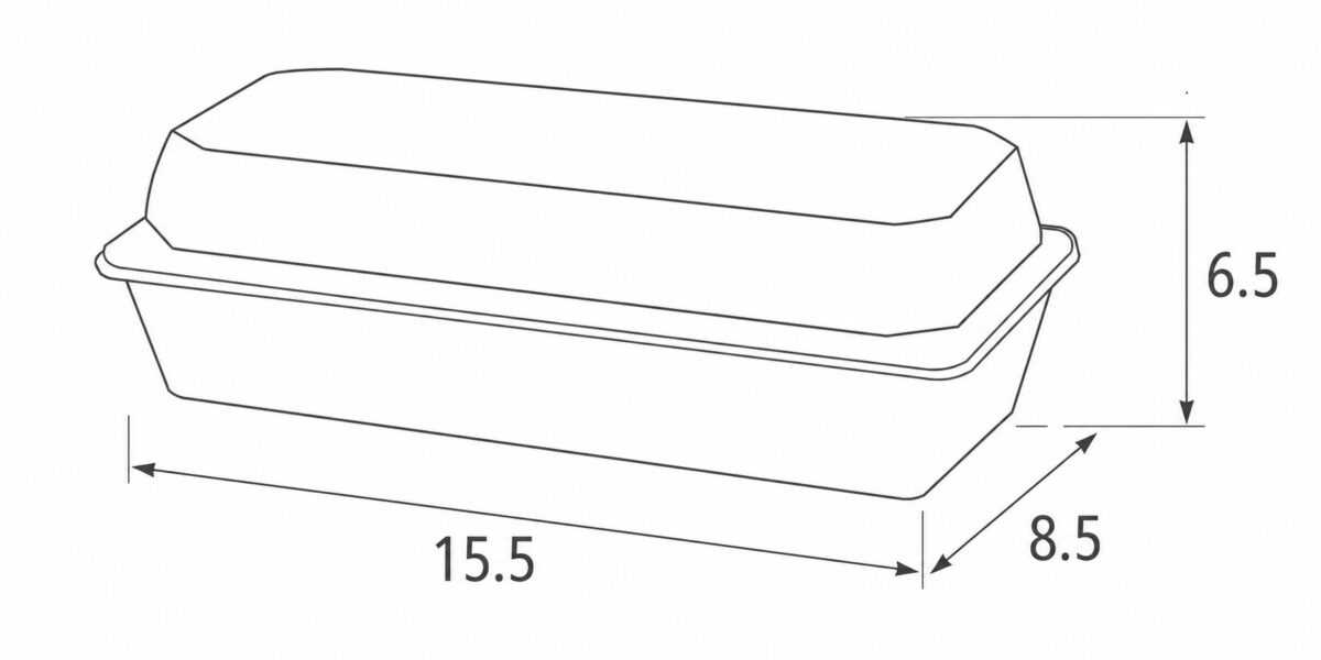 Bakery tray and lid dimension illustration marked 15.5 by 8.5 by 6.5