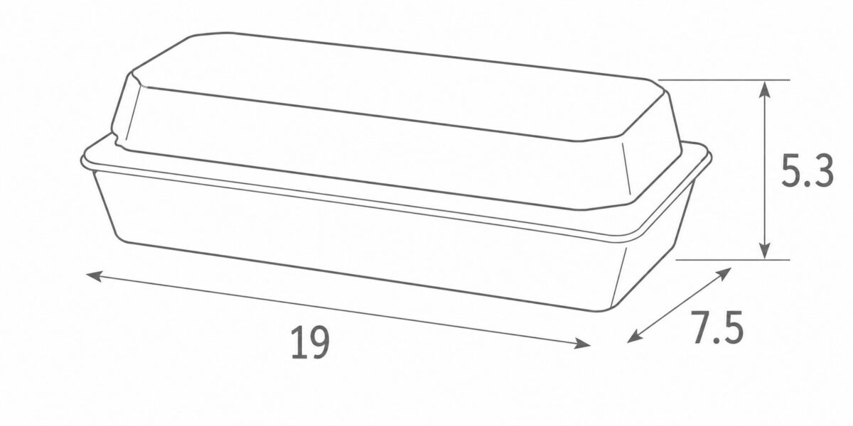 Bakery tray and lid dimension illustration marked 19 by 7.5 by 5.3