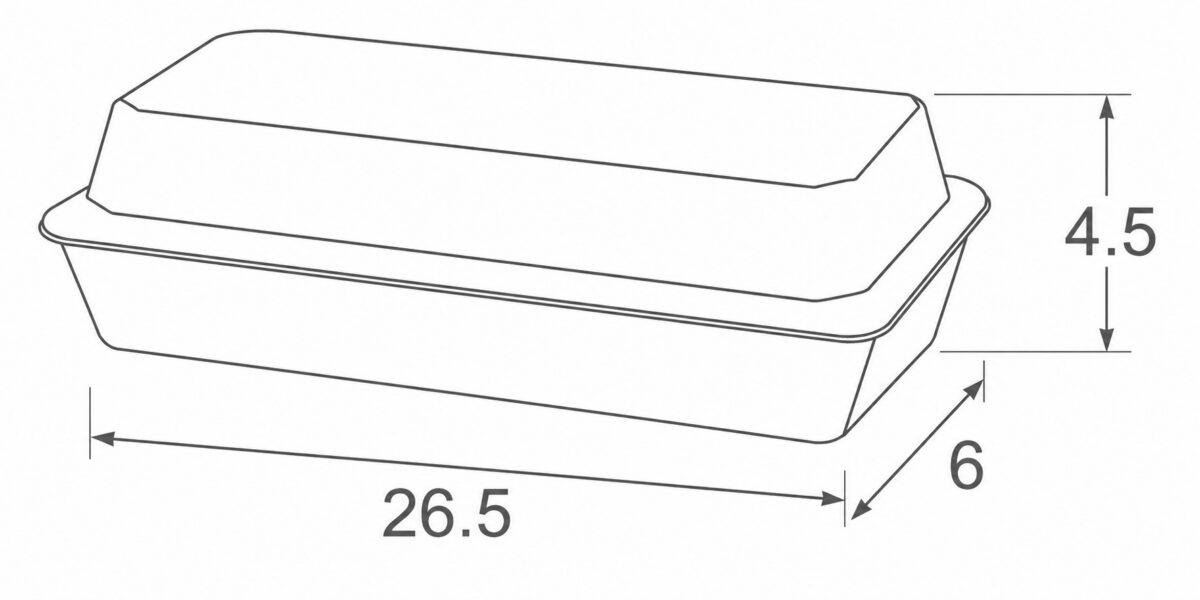 Bakery tray and lid dimension illustration marked 26.5 by 6 by 4.5