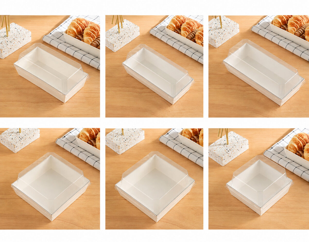 Six clear-lidded bakery tray formats displayed on a wooden table