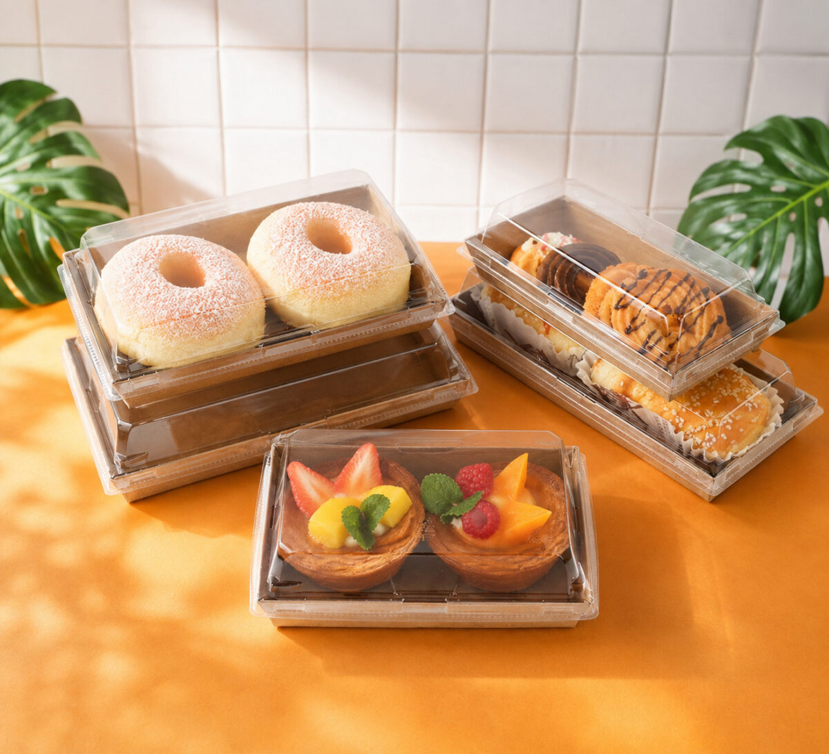 Five clear-lidded bakery trays with doughnuts, filled buns and fruit tarts