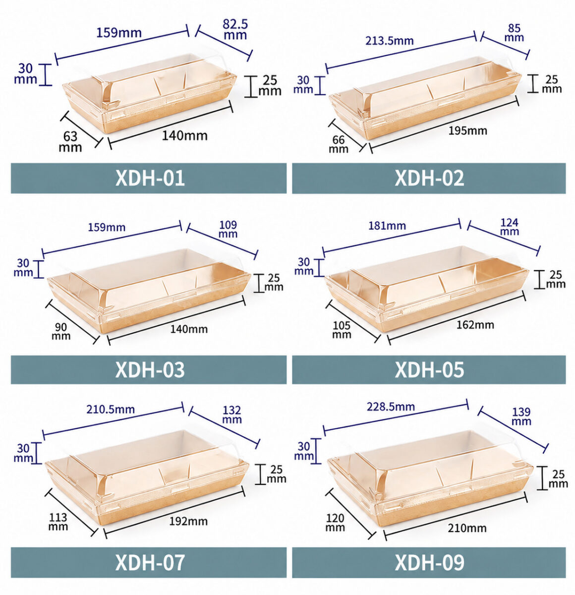 Six XDH bakery tray models with their original dimension annotations