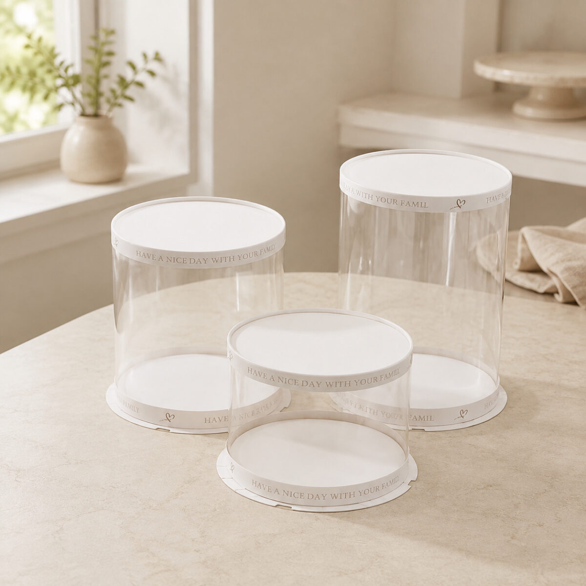 Clear Round Cake Boxes with White Lids Three empty clear cylindrical cake boxes in different heights with white lids and printed white base bands