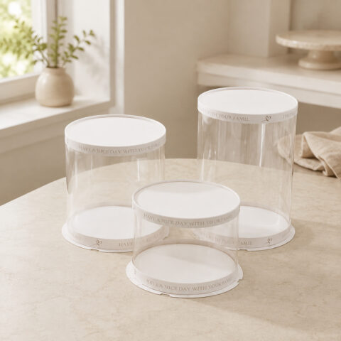 Clear Round Cake Boxes with White Lids Three empty clear cylindrical cake boxes in different heights with white lids and printed white base bands