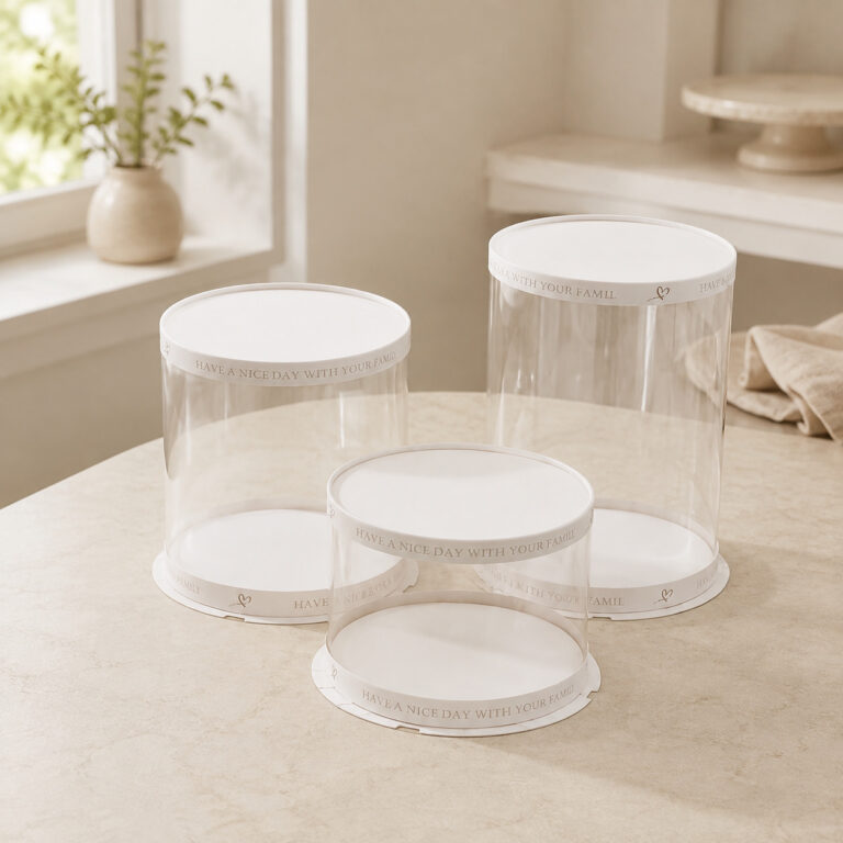 Three empty clear cylindrical cake boxes in different heights with white lids and printed white base bands