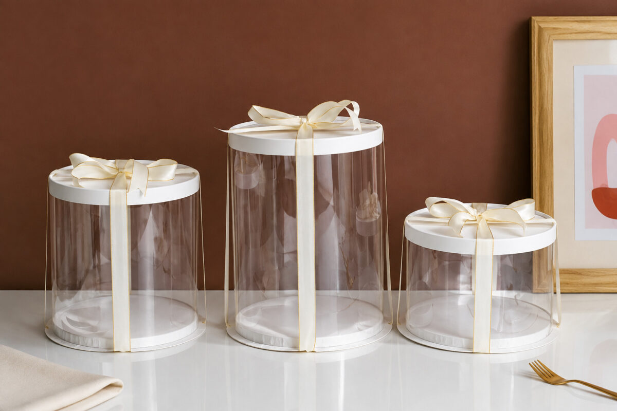 Three empty clear cylindrical cake boxes of different heights tied with ivory ribbon