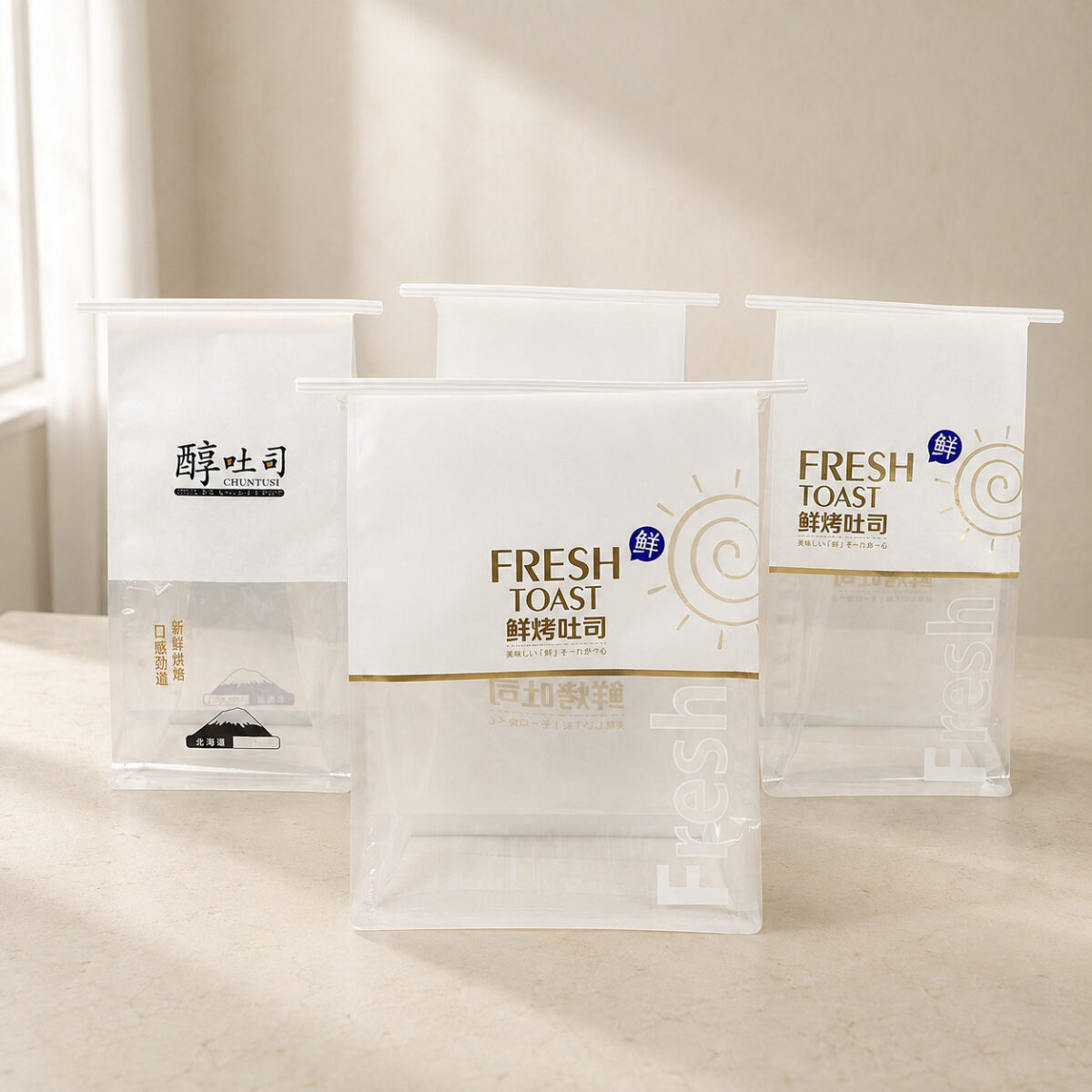 Clear Bread Bags with Printed Closures Four bread bags with white printed upper panels, clear gusseted bottoms and straight white clip closures