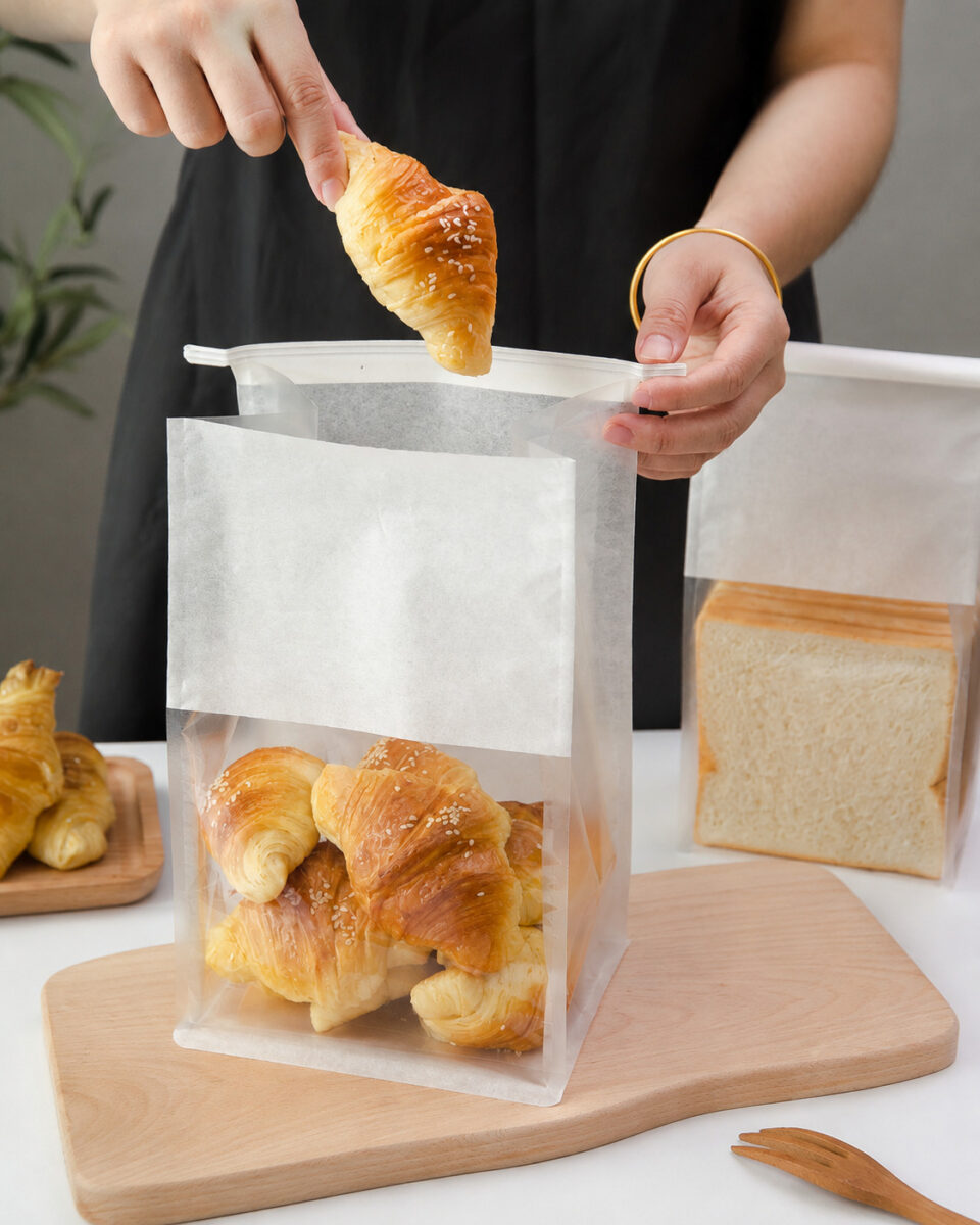 Hands placing a croissant into a white paper bread bag with a clear front