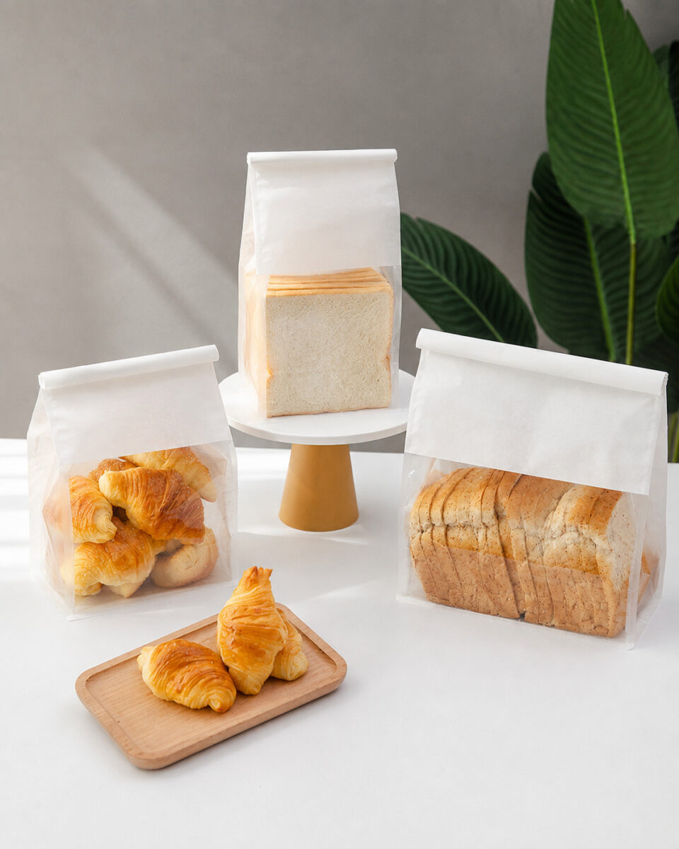 Three white bread bags showing croissants and sliced loaves on a bakery counter