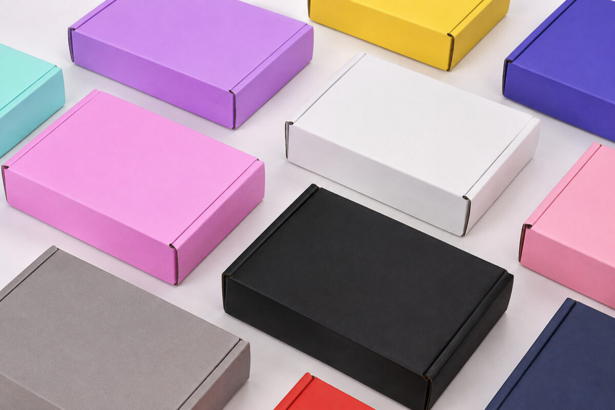 Eleven colored folding gift box samples arranged on a white table