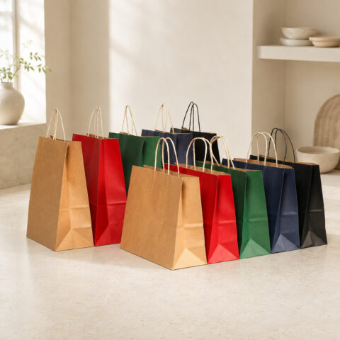 Ten paper shopping bags in five colors and two sizes with twisted paper handles