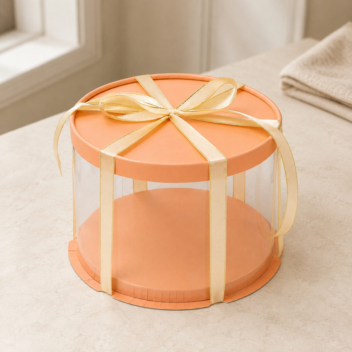 Clear round cake box with an orange lid and raised orange base tied with a gold-edged cream ribbon