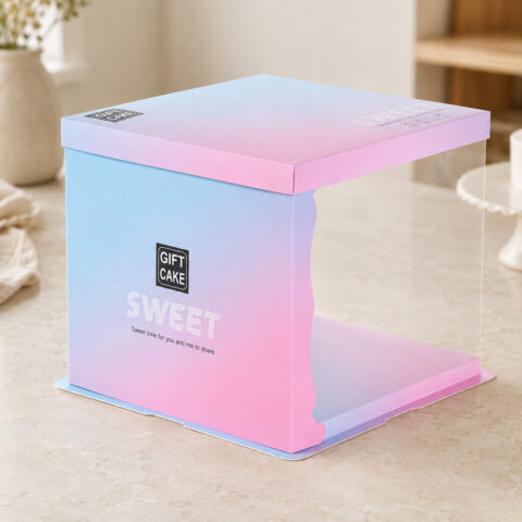 Pastel gradient square cake display box with a printed opaque panel, clear side, flat lid and raised base