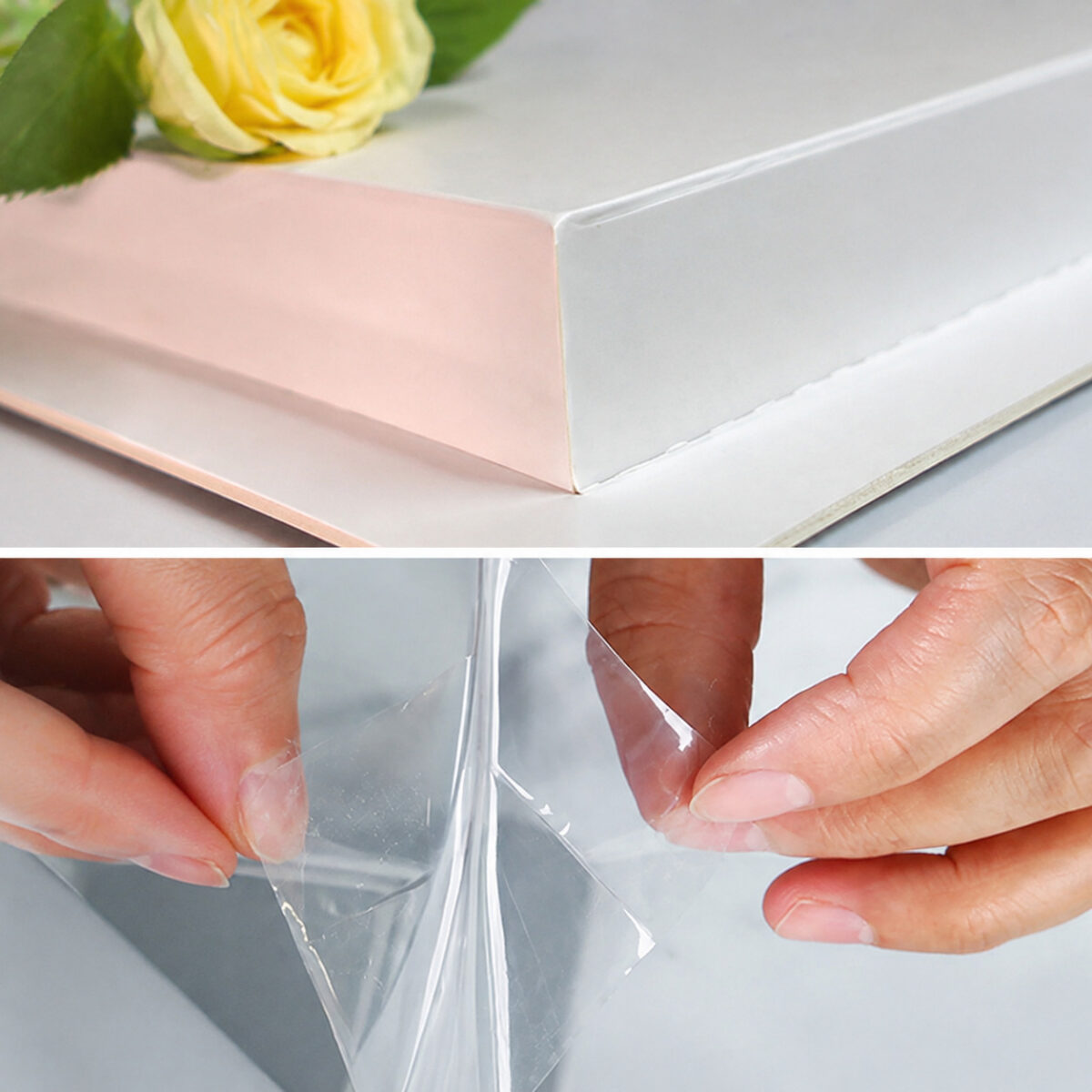 White cake box lid corner with a yellow rose and hands peeling protective film from a clear panel