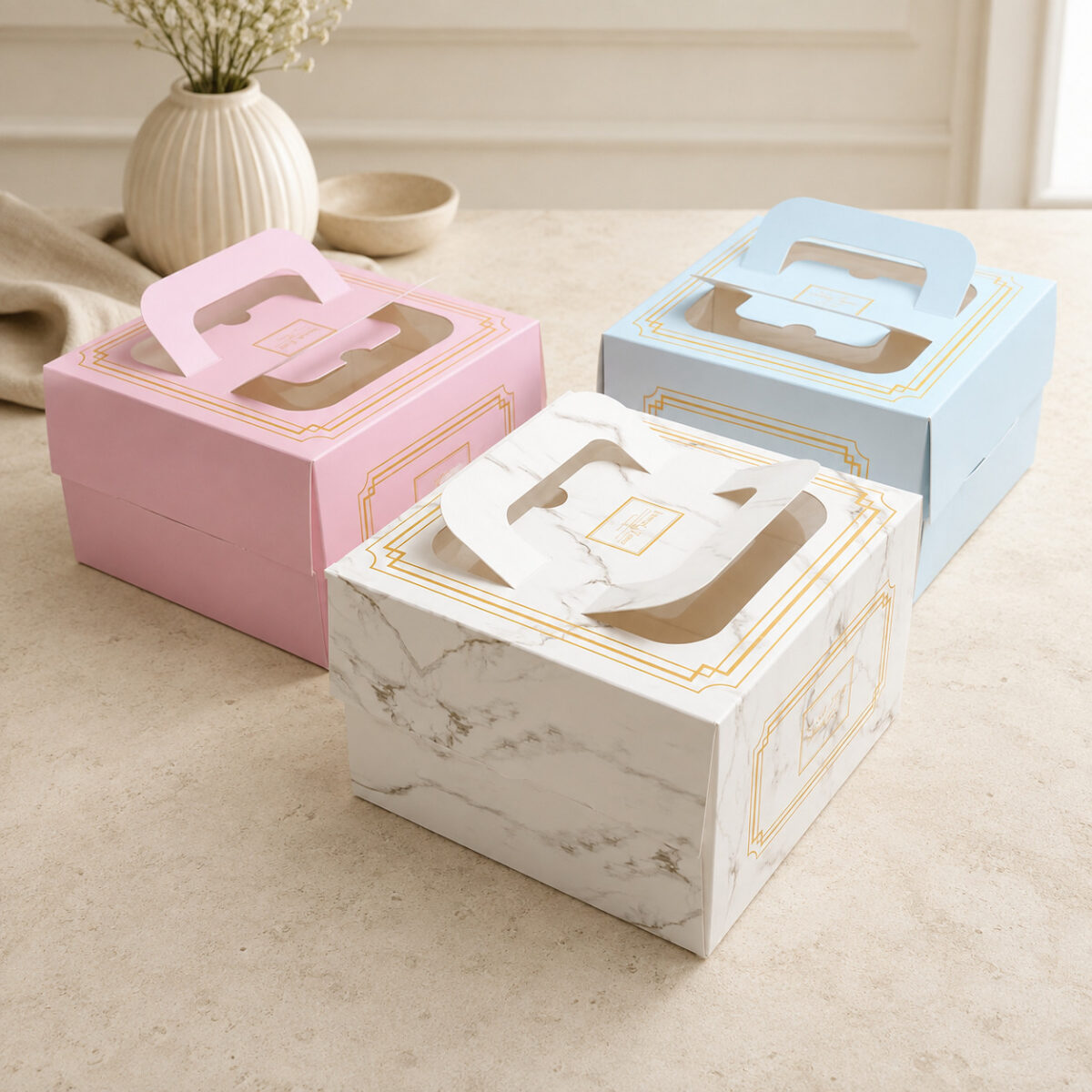 Handled Dessert Boxes with Top Windows Three pink blue and marble-print square cake boxes with clear lid windows, folded paper handles and gold border artwork