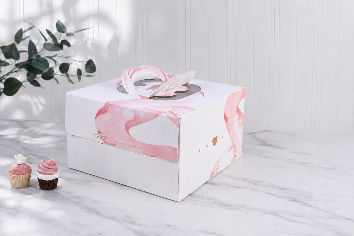 White and pink printed cake box with folded paper handles on a marble counter