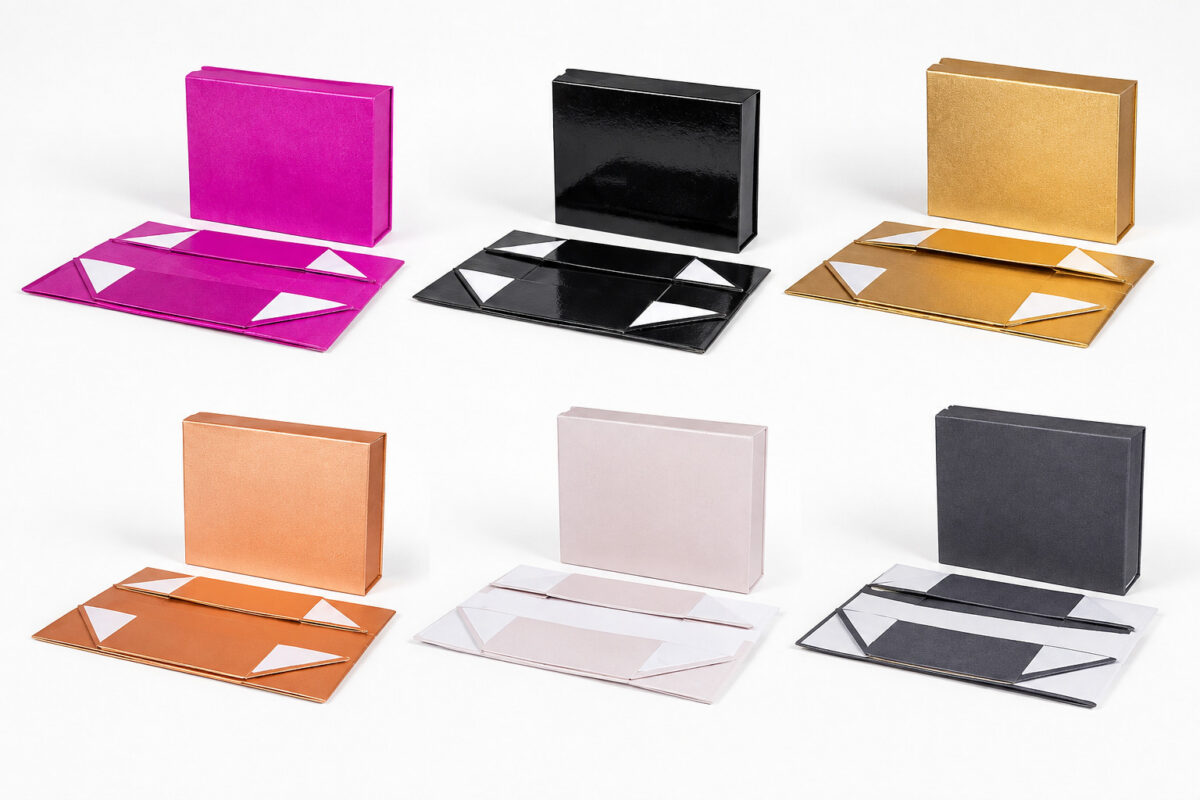 Six folding gift box finishes shown assembled and flat with adhesive corners