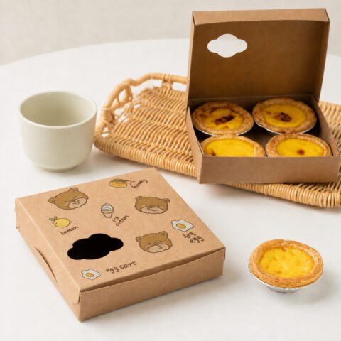 Kraft egg tart box with bear illustrations and a shaped window beside an open four-tart box